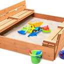 Badger Basket Cedar Sandbox with Lid & Benches - Outdoor Wooden Sandbox for Kids with Folding Cover - Large Backyard Playset (46.5 x 46.5 x 9.5)