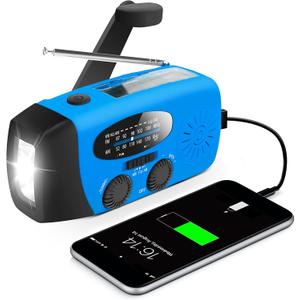 Emergency Hand Crank Radio with LED Flashlight for Emergency, AM/FM Portable Weather Radio with 2000mAh Power Bank Phone Charger, USB Charged & Solar Power for Camping, Emergency(Blue)