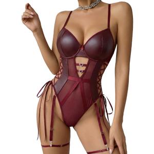 Avidlove Sexy Lingerie for Women Leather Teddy Lingerie Mesh Bodysuit Garter Belt Set S-XXL(No leg ring) (Medium, Dark Red)