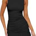 HOCILLE Women's Sexy Bodycon Boat Neck Mini Dresses Sleeveless Ruched Ruffle Hem Club Party Short Dress, (X-Small-Black)
