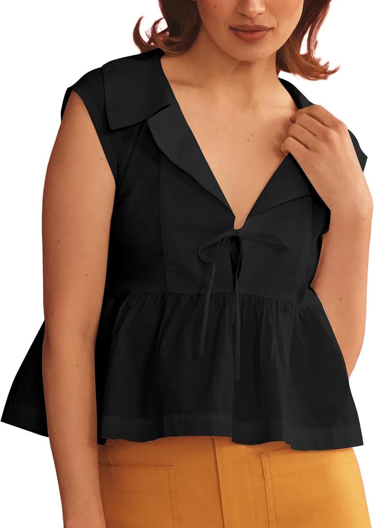 Summer Babydoll Blouse Shirts for Women Casual Sleeveless V Neck Blouse Tank Tops Y2k Going Out Tops (Black, S)