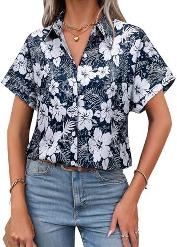 Short Sleeve Button Down Shirts for Women Summer Hawaiian Blouses Cap Sleeve Oversized Work Office Tops Solid/Floral, M