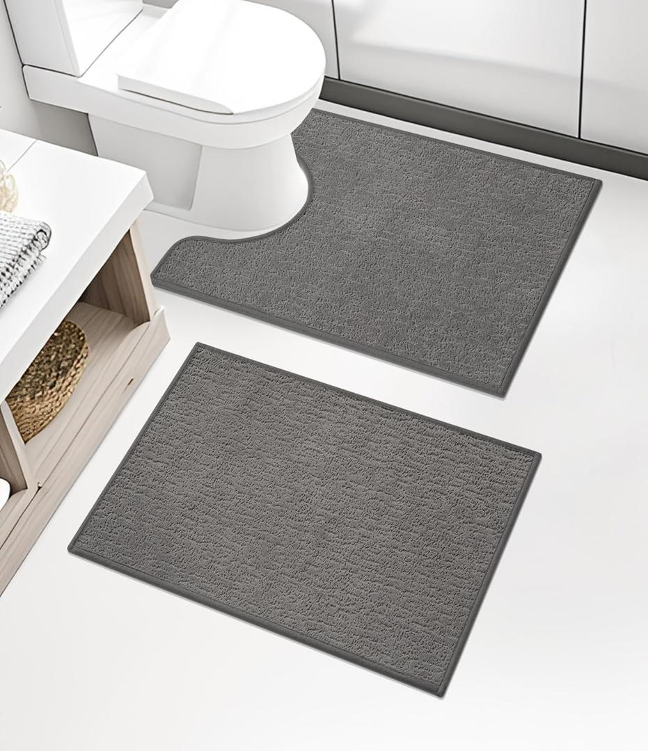 Chakme 2 Piece Bathroom Rug Sets, Ultra Thin Bath Mat Quick Dry, Absorbent Non Slip Machine Washable, Dark Grey, 17" x 24"