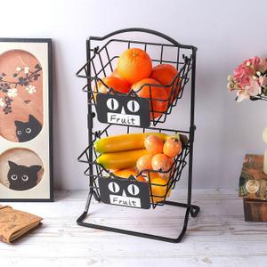 IBWell 2 Tier Fruit Basket Metal Fruit Holder for Kitchen Countertop Fruit Stands for Kitchen Counter Bread Snack Vegetable Hanging Fruit Storage Countertop with CUBE-CAT Label Tag