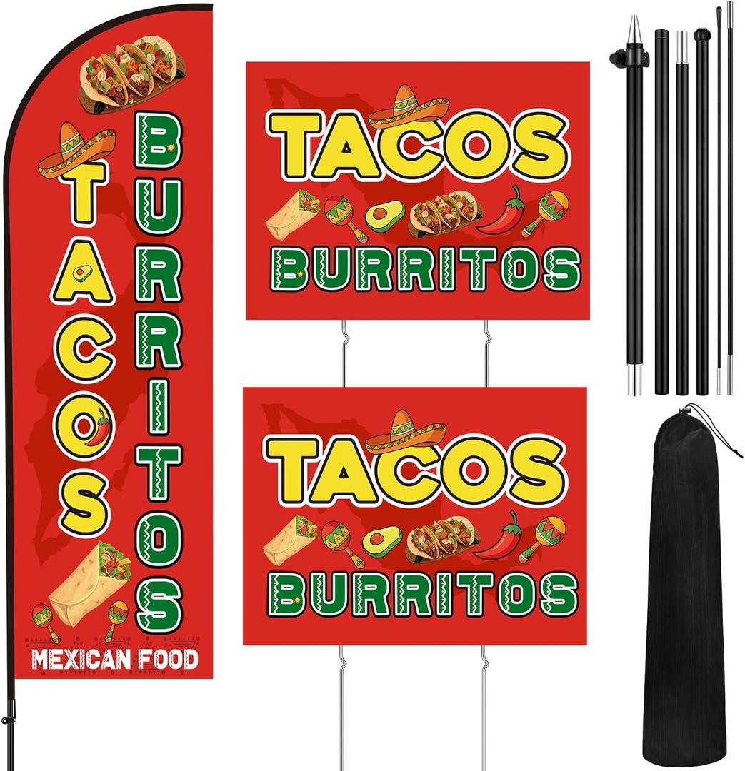 Tacos Burritos Feather Flag Pole Kit Include 7 ft Mexican Food Banner and Flag Poles Heavy Duty Ground Stake Tacos Burritos Sign Advertising Feather Banner for Restaurant