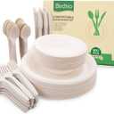 250 Piece (50 Sets) Biodegradable Paper Plates Set (EXTRA LONG UTENSILS), Disposable Dinnerware Set, Eco Friendly Compostable Plates & Utensil include Plates, Bowls, Forks, Knives and Spoons