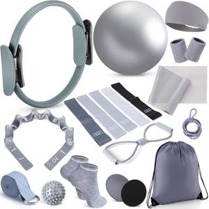 Poen 18 Pcs Home Pilates Ball and Ring Circle Set Yoga Fitness Essentials Kit with 5 Resistance Band Stretching Strap Non Slip Sock Ball Core Slider Wristband Headband Gym Bag for Women (Gray)