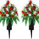 Artificial Cemetery Flowers, Gravesite Decoration Roses, Memorial Bouquets with Cemetery Vase, Vibrant and Long-Lasting Colors (Red + White, 2 Bundles)