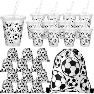 24 Pcs Soccer Party Favors Drawstring Bags with Soccer Tumbler Cups for Team Gift Kids Sports Birthday Party Favor Supplies