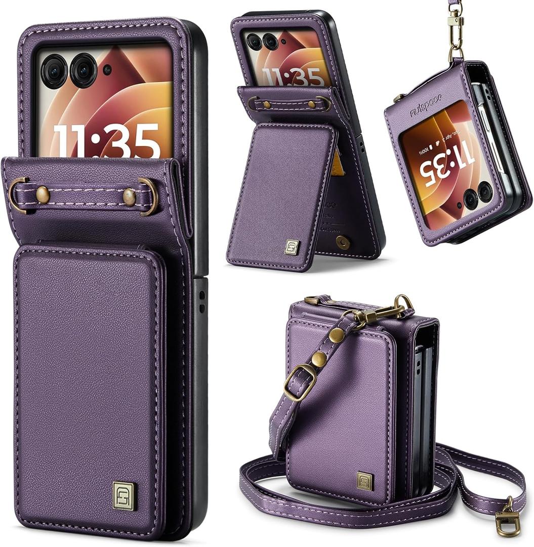 ASAPDOS Crossbody Case Compatible with Motorola Razr 2024/2025 [Not Fit Moto Razr Plus or Ultra ],Retro PU Leather Strap Wristlet Flip Case with Magnetic Closure and Card Holder for Men Women Purple