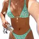 ZAFUL Women's Floral Bikini Set Color Block Double Spaghetti Strap High Cut Swimsuit Two Piece Bathing Suits (1-green, Small)