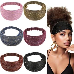 6 Pcs Boho Bling Sequin Headbands - Wide Stretchy African Head Wraps, Elastic Turban Headbands for Women, Yoga, Running & Sports