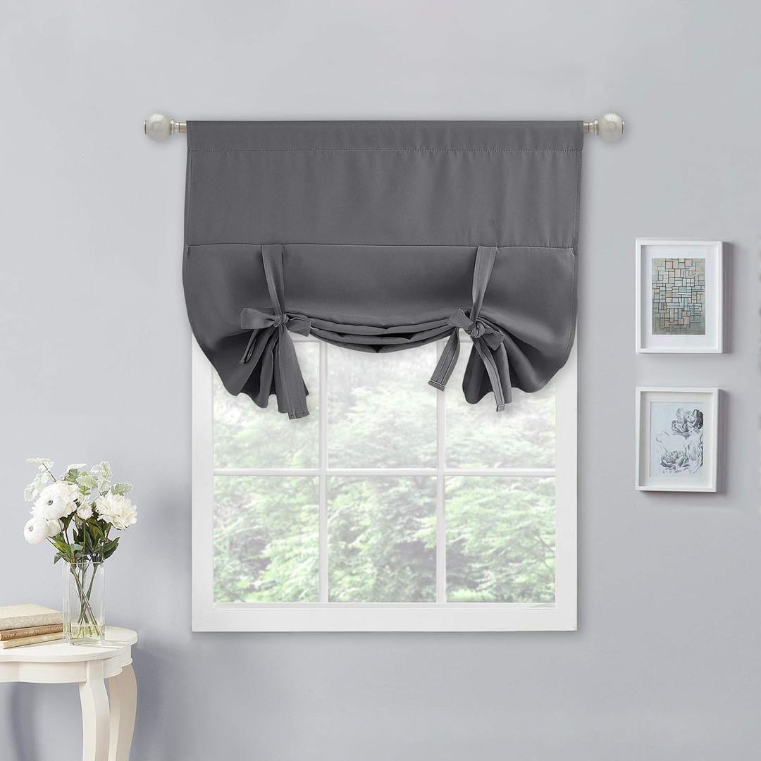 NICETOWN Blackout Short Kitchen Curtain - Roll Up Window Tie Up Shades for Campers/Bathroom Window/Thanksgiving (1 Piece, Gray, 34 inches W x 45 inches L) (Grey)
