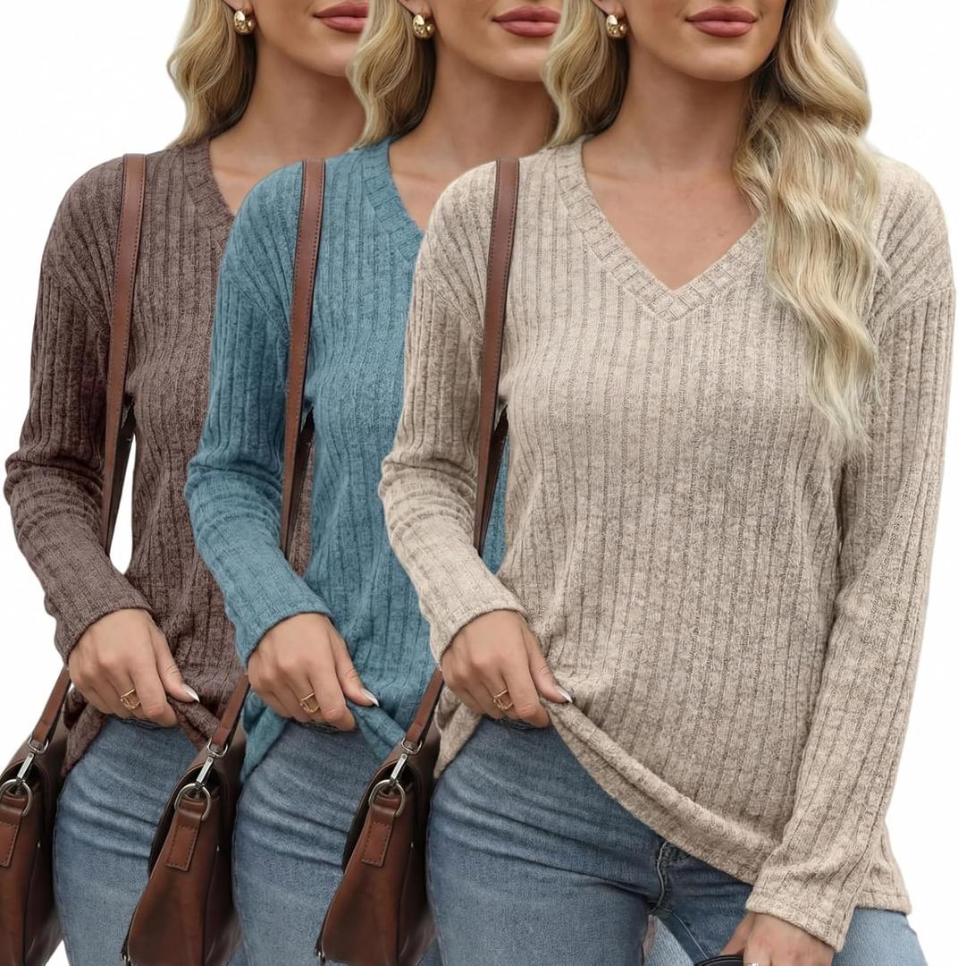 3 Pcs Women V Neck Sweater Winter Long Sleeve Shirts Lightweight Tunic Sweaters for Women 2026 Large