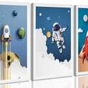 3 Pcs Space Nursery Canvas Wall Art Whimsical Outer Space Astronauts Rocket Kid Painting Pictures Wall Decor Poster Print Artwork for Boys Room Kids Room Decoration Unframed