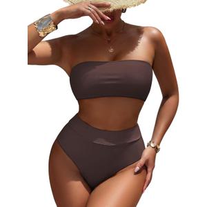 Pink Queen Women's High Waist Bikini Set Removable Strap Bandeau Two Piece Swimsuit Bathing Suit (02 - Dark Brown, 2XL)