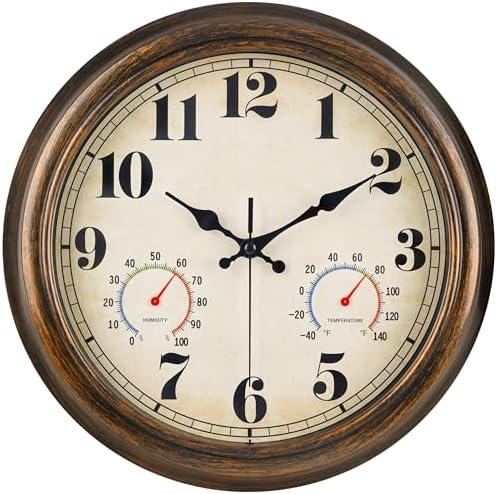 45MinST 13-Inch Vintage Outdoor Wall Clock with Thermometer and Hygrometer, Waterproof, Large Numbers, Silent, for Indoor and Outside Use,Porch,Garden,Pool(Bronze) : Home & Kitchen