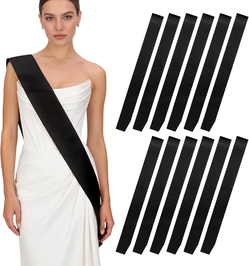 12 Pcs Blank Satin Sash, Plain Sashes, Black Sashes for DIY Beauty Pageants Birthday Wedding Graduation Homecoming Beauty Queen Senior Night Party Decorations