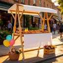 Market Stall Frame Carts Width 59" Outdoor Pine Wood Street Food Vendor Cart with Canopy Folding Vendor Stall Cart with Wheels for Beaches or Festivals (White)