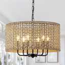 20" Rattan Hand-Woven Boho Wicker Chandelier - 6-Light Drum Farmhouse Oversized Vintage Pendant Light Fixture for Dining Room, Kitchen Island, Entryway (Black)