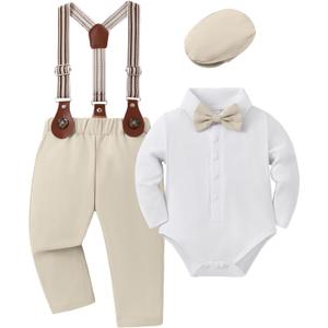 YUEMION Baby Boy Clothes Wedding Outfit Infant Tuxedo Gentleman Suits Dress Shirt+ Beret Hat +Suspender Pants +Bowtie 0-18M (0-3 Months, Beige)