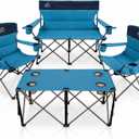 Oversized 4 Pcs Camping Chair Set with Table,Outdoor Folding Heavy Duty Lawn Chair,Cup Holder,Portable,Loveseat Chair Perfect for Family Hiking,Picnics and Beach Trips,Light Blue