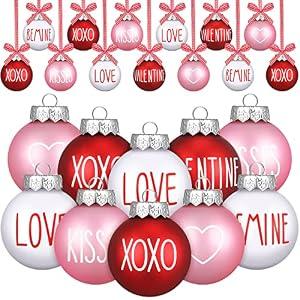 Vinsot 24 Pcs Valentines Day Ball Ornaments Pink Red White Ornaments 2.36 Inch Plastic Tree Decorations Kiss Be Mine Love Hanging Decorations Valentines Decor for Tree Home Wreath Party Decor