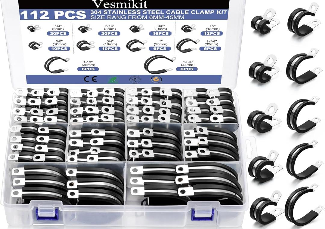 Cable Clamps112 PCS 10 Sizes-1/4" 5/16" 3/8" 1/2" 5/8" 3/4" 1" 1-1/4" 1-1/2" 1-3/4" Stainless Steel Pipe Clamp Assortment Kit Rubber Cushion Insulated Wire Clamps for Hose,Tube,Automotive,Fuel Line