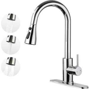 Oersitor Kitchen Faucet with Pull Down Sprayer，Stainless Steel Single Handle Kitchen Faucet，1/3 Hole, Deck Plate Included，Suitable for farmhouses, Campers, Laundry Rooms, RVs, and Bars (Chrome)