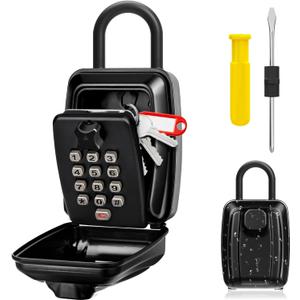 Key Lock Box for Outside, Sturdy Waterproof Hanging Lock Box for House Key, 12-Digit Combination Resettable Large Capacity Security Lockbox for Home, Garage, Office, Warehouse (Hanging Hook-Black)