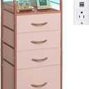 WLIVE 4 Drawer Dresser for Bedroom, 37" H Nightstand with Charging Station and Led Light, Tall Night Stand Bed Side Table, End Table with USB Ports and Outlets, Fabric Bins, Wood Shelf, Pink