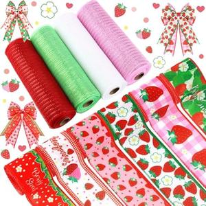 10 Pcs Summer Strawberry Ribbons 6 Rolls 2.5" x 5 Yards Strawberry Wired Edge Fabric Ribbons and 4 Rolls 10" x 10 Yards Mesh Crafts for Wreath Craft Gift Wrapping DIY Craft Home Decoration
