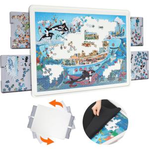 1500 Pieces Rotating Plastic Puzzle Board with Drawers and Cover, 35"x27" Portable Spinning Jigsaw Puzzle Table for Adults, Upgraded Lazy Susan, Ideal Gift for Mum (Gray Drawers)