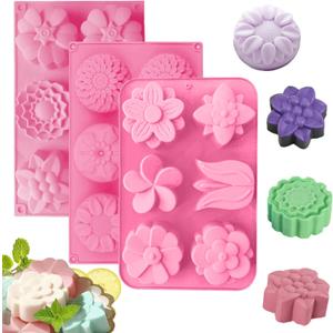Silicone Soap Molds, different Cavities Soap Mold with Different Shapes, Perfect for Soap Making, Handmade Cake Chocolate Desserts Biscuit Pudding Teacake Jelly  3 Pack-Flower