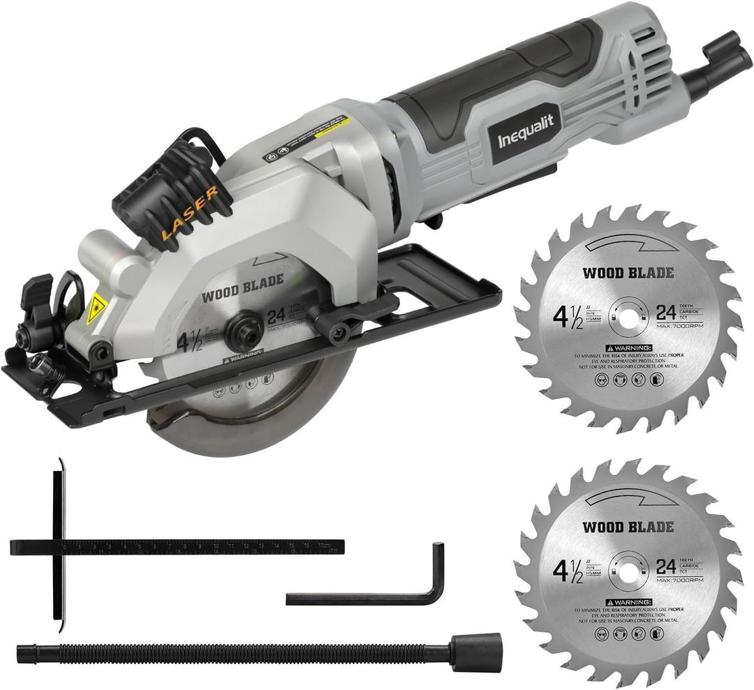 Mini Circular Saw, 4Amp 3500RPM Corded Compact Saw with 4-1/2" 24T TCT Blades, Laser Guide, Rip Guide, Vacuum Adapter and Blade Wrench, Max Cutting Depth 1-11/16"(90), 1-1/8"(45