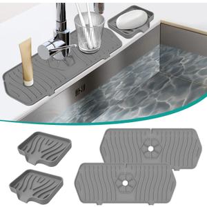 4 PCS Kitchen Sink Splash Guard and Soap Tray, Silicone Faucet Guard Mat Faucet Splash Catcher Sponge Holder with Drain Spout, Keep Kitchen Bathroom Sinks Countertop Soap Dry (grey) (Gray)