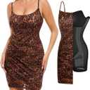 Popilush Leopard Print Dress with Built in Shapewear Spaghetti Strap Mini Dresses Mesh Ruched Bodycon Summer Splash (Large)
