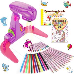 Sumsoltic Drawing Projector for Kids,Thanksgiving and Christmas Gifts, Art and Craft Kit, Including Colored Pencils, Crayons, Coloring Books, Toys for 3+ Year Old Girls (Pink Drawing Kit v1)