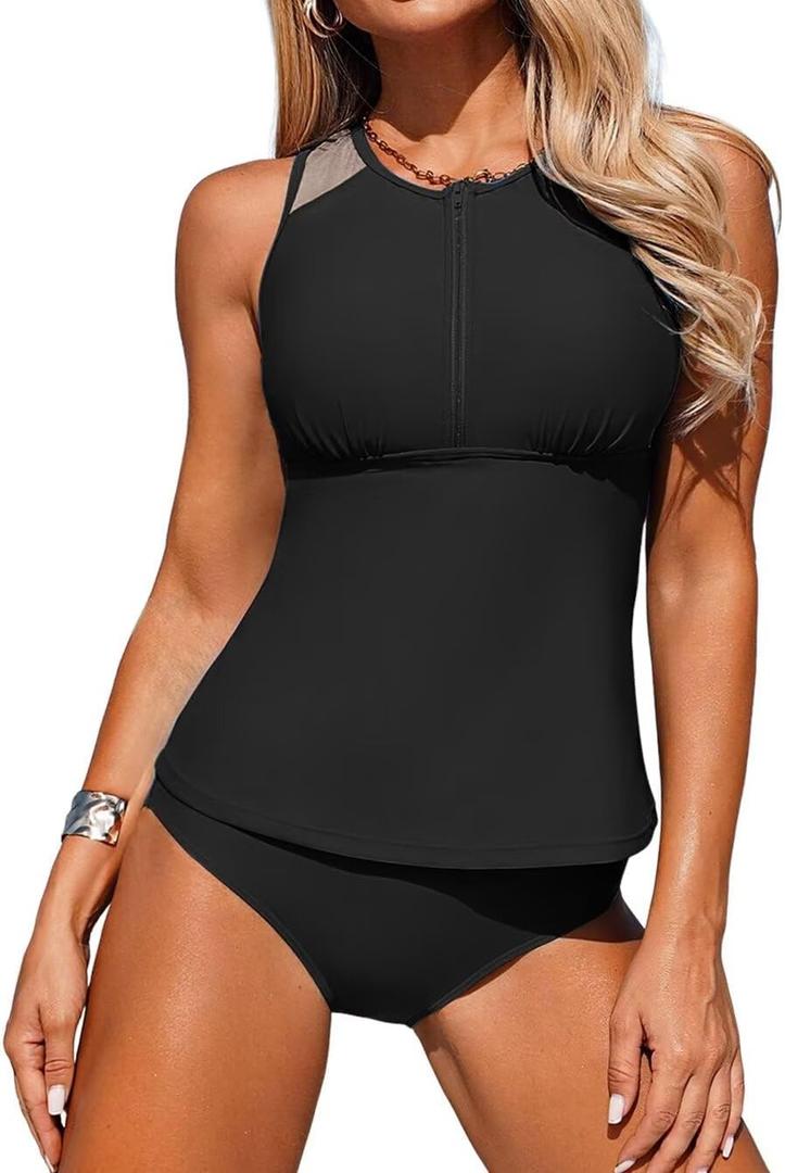 ZAFUL Tankini Swimsuits for Women, Two Piece Athletic Womens Bathing Suits Modest Swimwear Tank Tops with High Waisted Bottom (Black,XL)