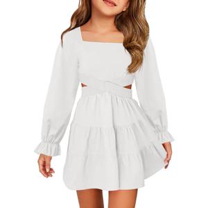 Haloumoning Girls Dresses Long Sleeve Square Neck Crossover Waist Casual A-Line Spring Fall Dress 5-14Y