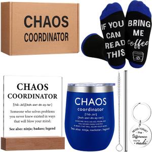 Chaos Coordinator Gift Set for Men Administrative Professional Day Gifts Manager Employee Appreciation Gift Include Tumbler Sock Chaos Coordinator Desk Sign Keychain for Coworker Staff(Light Color)