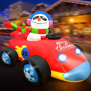 OurWarm 8FT Christmas Car Inflatable Snowman, Cute Blow Up Snowman Driving Racecar with Built-in LED Lights and Blower, Christmas Inflatables Outdoor Decorations for Lawn Yard Xmas Outside Decor