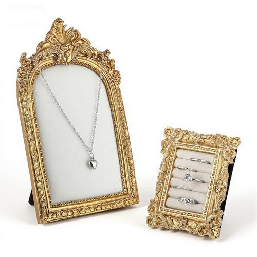 2 Pcs Vintage Jewelry Tray Set, Vintage Necklace Organizer with Velvet Backing and Ring Holder, Gold Ring Display Stand Frame, for Selling, Baroque Trinket Storage Dish Gifts for Women Wedding
