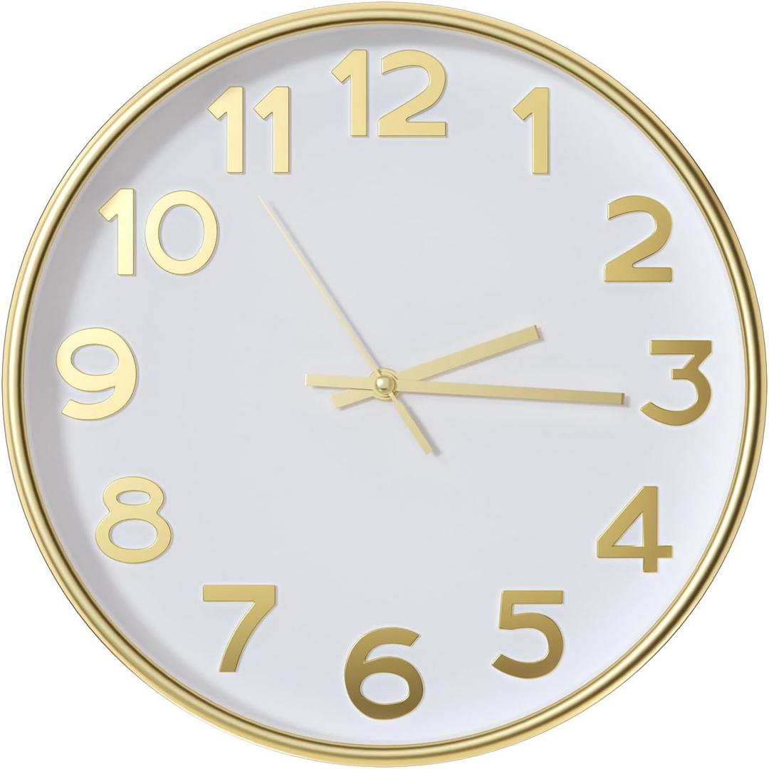 Wall Clock Silent Non-Ticking Battery Operated Indoor Analog Simple Style Modern Quartz Movement 3D Dial Easy to Read Decor for Home/Office/Living Room/Bedroom/Kitchen (White-Gold, 12 inch)