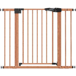 Mom's Choice Award Winner, Babelio 26-40" Metal Baby Gate with Wood Pattern, PressGuard C5 Easy Install Pressure Mounted Dog Gate for Stairs and Doorways, with Wall Protectors and Extension Kits