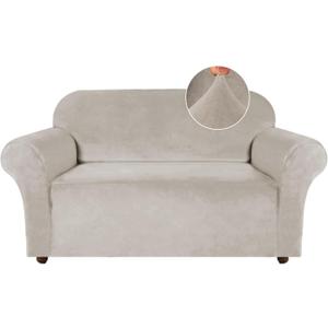 Turquoize Velvet Loveseat Covers Stretch Love Seat Couch Covers for 2 Cushion Couch Velvet Sofa Cover with Non Slip Elastic Bottom Furniture Cover Crafted from Soft Fabric (Loveseat, Oatmeal)