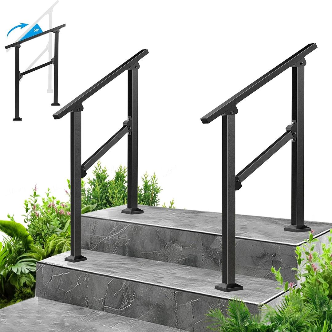 2-Pack Outdoor Handrails for 2 Steps Black Stair Handrail & Indoor Stair Railing Kit, Exterior Stair Railing for Porch, Deck, and Garden, Complete Installation Kit