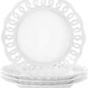 4 Pack 10" Dinner Serving Plates with Lace Rim, New Bone Porcelain Round Tableware Plates with Unique Hollow Out Design Scolloped Edge, White Dishes for Daily Use or as an Excellent Plate Idea