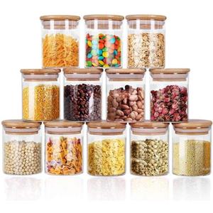 Glass Jars 9OZ, 12 Set with Bamboo Airtight Lids and Labels, Food Cereal Storage Large Spice Containers for Home Kitchen Tea Coffee Flour Herbs Grains