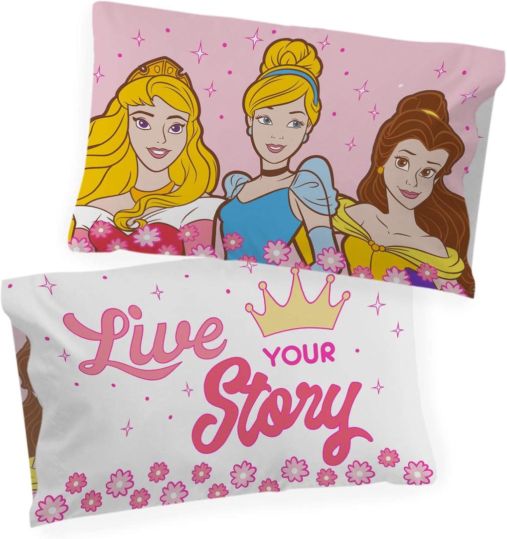 Jay Franco Disney Princess Live Your Story Glow in The Dark 2 Pack Reversible Pillowcases Features Princess Aurora, Belle, & Cinderella - Double-Sided Kids Super Soft Bedding